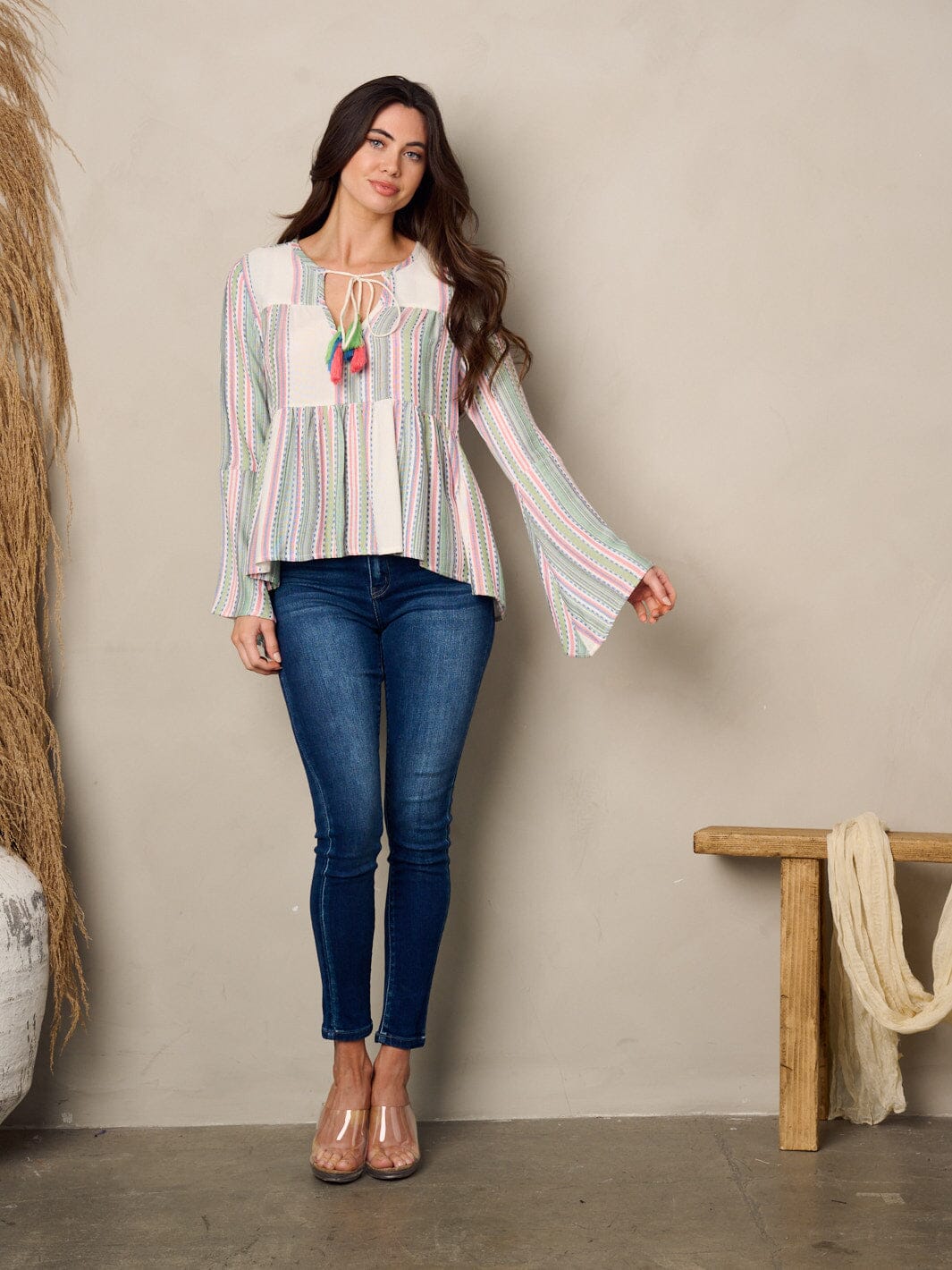 WOMEN'S LONG BELL SLEEVE V-NECK MULTI COLORS TOP