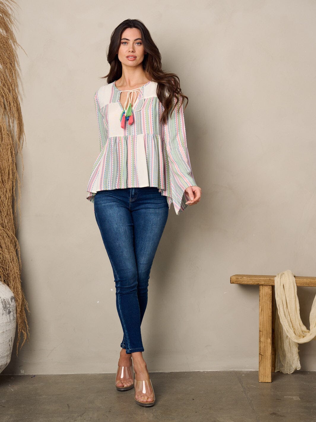 WOMEN'S LONG BELL SLEEVE V-NECK MULTI COLORS TOP