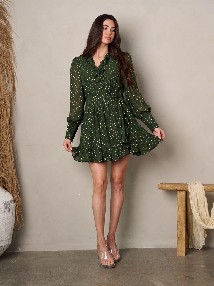 WOMEN'S LONG SLEEVE RUFFLE SHIMMER WRAP MINI DRESS