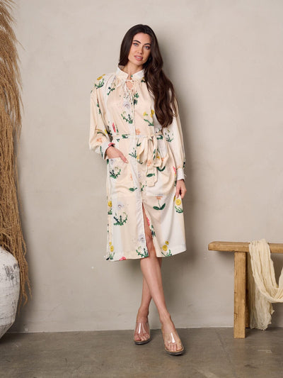 WOMEN'S LONG SLEEVE FRONT POCKETS FLORAL MIDI DRESS