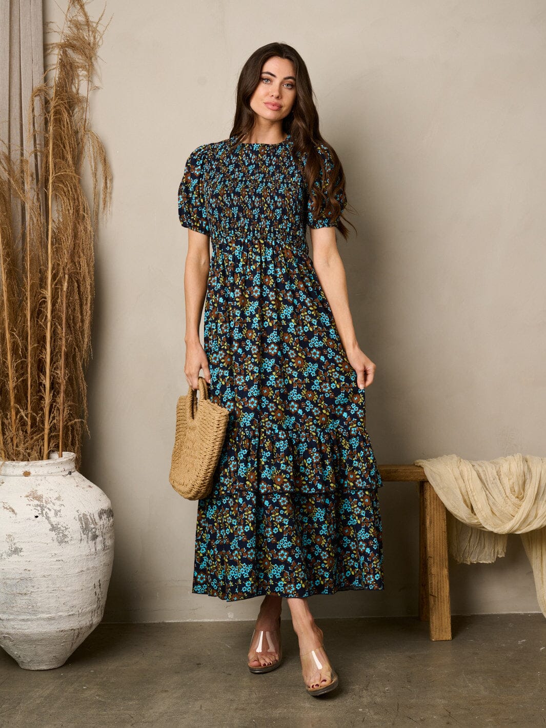 WOMEN'S SHORT PUFF SLEEVE SMOCK FLORAL MAXI DRESS