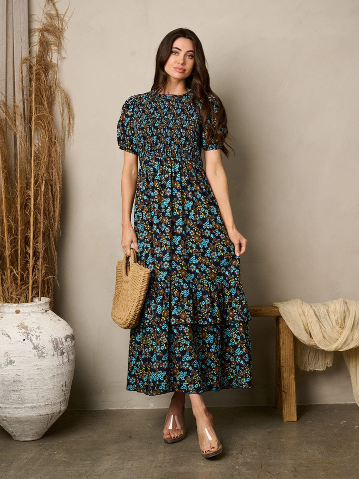 WOMEN'S SHORT PUFF SLEEVE SMOCK FLORAL MAXI DRESS