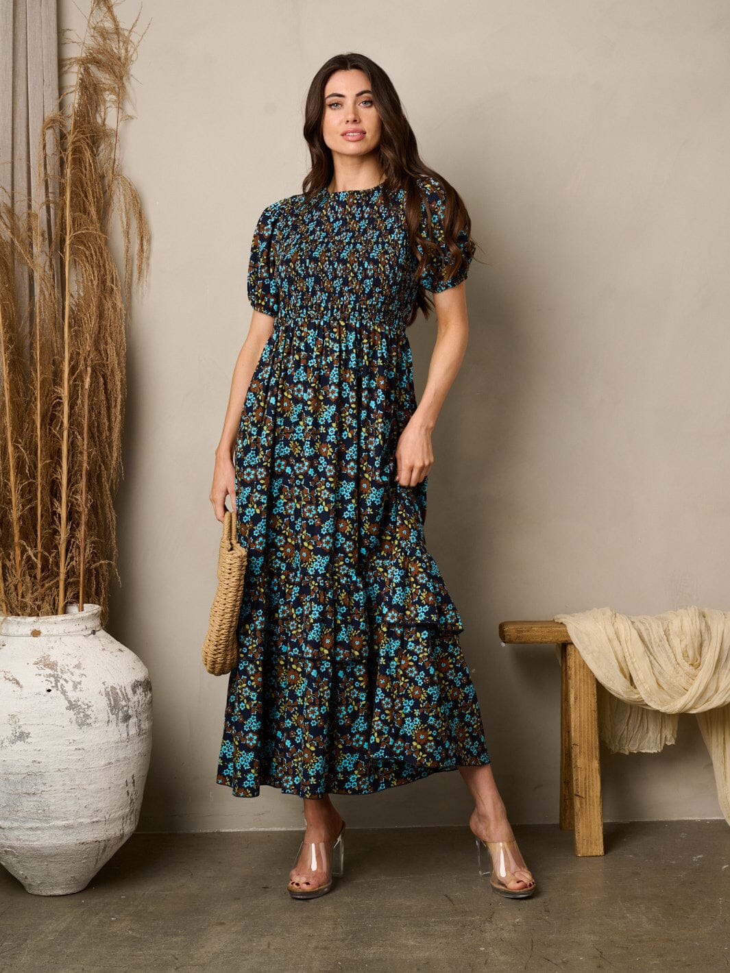 WOMEN'S SHORT PUFF SLEEVE SMOCK FLORAL MAXI DRESS
