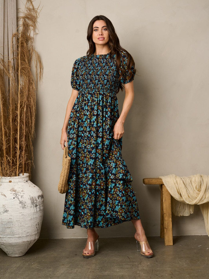 WOMEN'S SHORT PUFF SLEEVE SMOCK FLORAL MAXI DRESS
