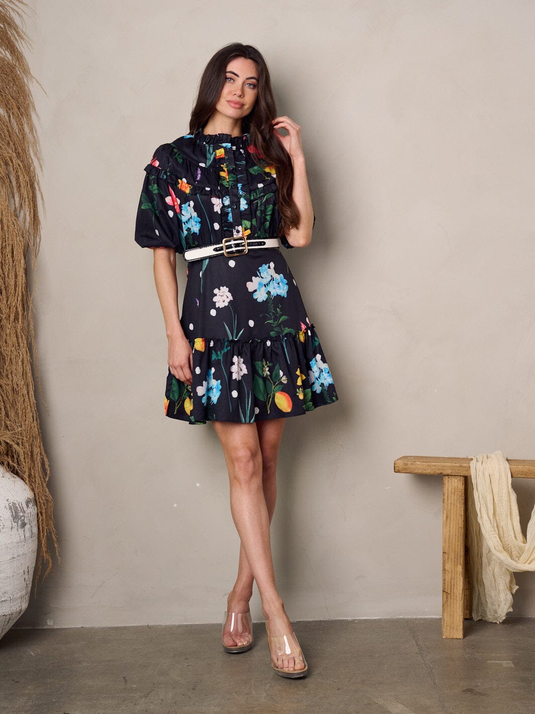 WOMEN'S SHORT PUFF SLEEVE FLORAL BELTED MINI DRESS