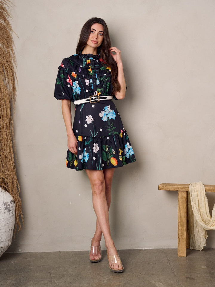 WOMEN'S SHORT PUFF SLEEVE FLORAL BELTED MINI DRESS