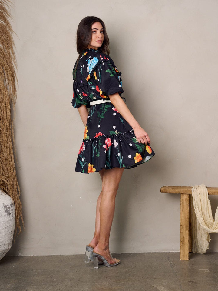 WOMEN'S SHORT PUFF SLEEVE FLORAL BELTED MINI DRESS