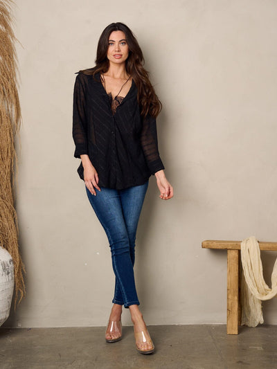 WOMEN'S 3/4 SLEEVE BUTTON UP LACE BLOUSE TOP