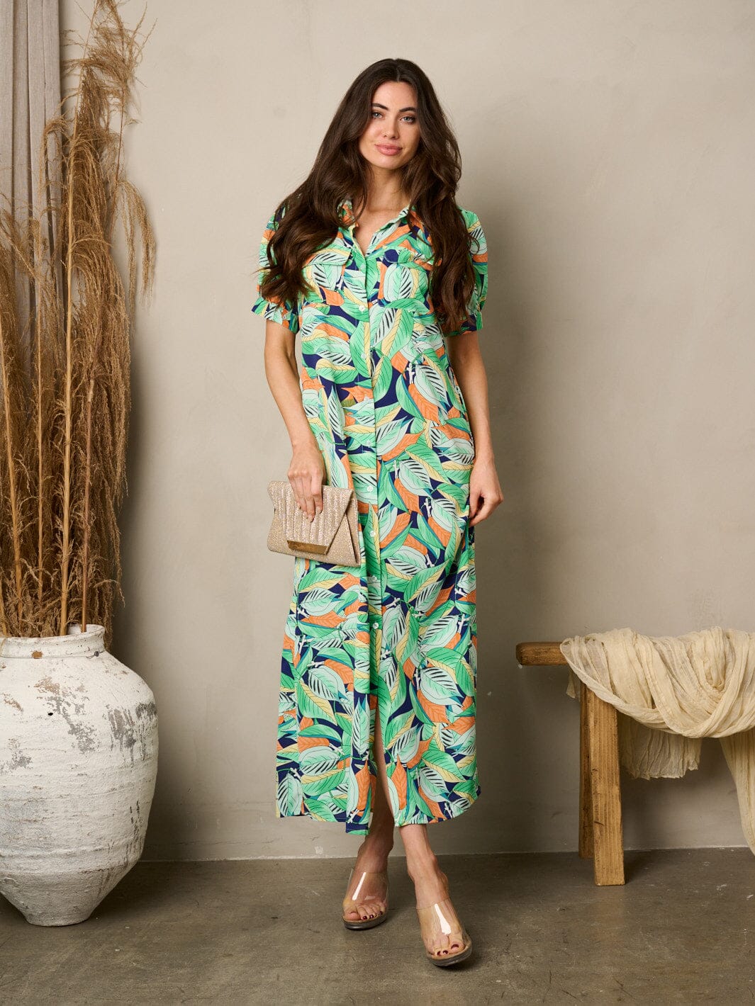 WOMEN'S SHORT PUFF SLEEVE BUTTON UP POCKETS FLORAL MAXI DRESS