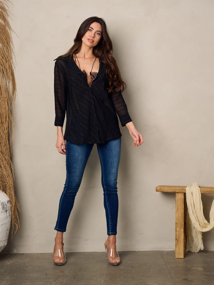 WOMEN'S 3/4 SLEEVE BUTTON UP LACE BLOUSE TOP