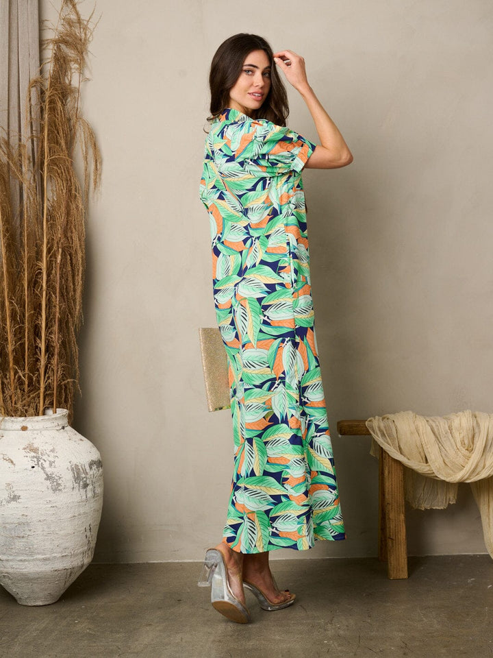 WOMEN'S SHORT PUFF SLEEVE BUTTON UP POCKETS FLORAL MAXI DRESS