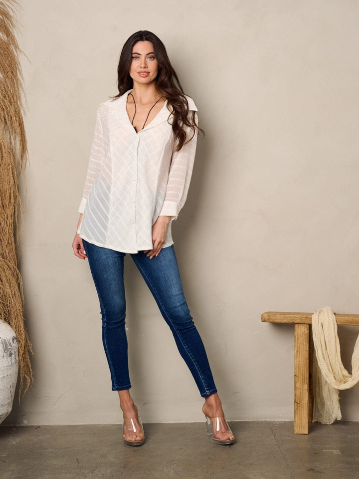 WOMEN'S 3/4 SLEEVE BUTTON UP LACE BLOUSE TOP