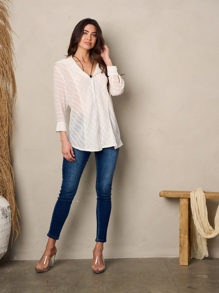 WOMEN'S 3/4 SLEEVE BUTTON UP LACE BLOUSE TOP