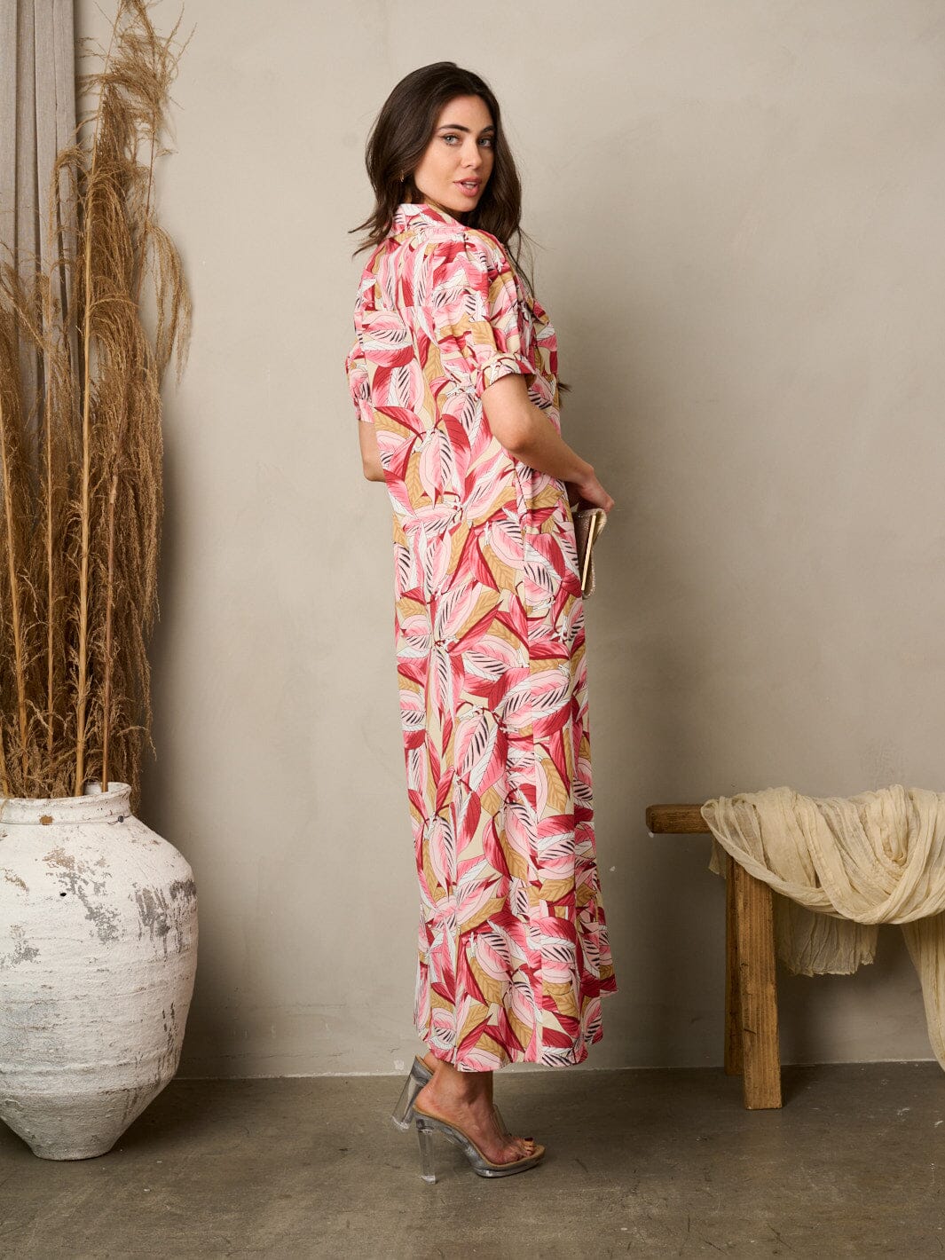 WOMEN'S SHORT PUFF SLEEVE BUTTON UP POCKETS FLORAL MAXI DRESS
