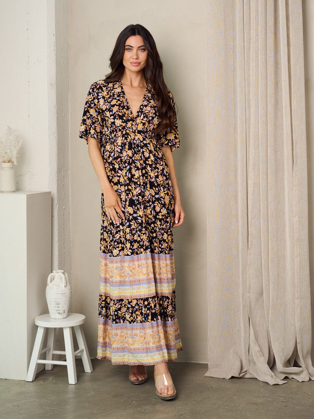 WOMEN'S SHORT SLEEVE V-NECK FLORAL MAXI DRESS