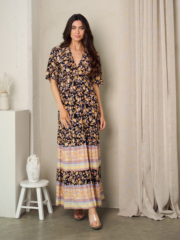 WOMEN'S SHORT SLEEVE V-NECK FLORAL MAXI DRESS