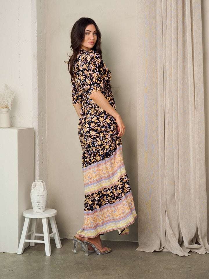 WOMEN'S SHORT SLEEVE V-NECK FLORAL MAXI DRESS