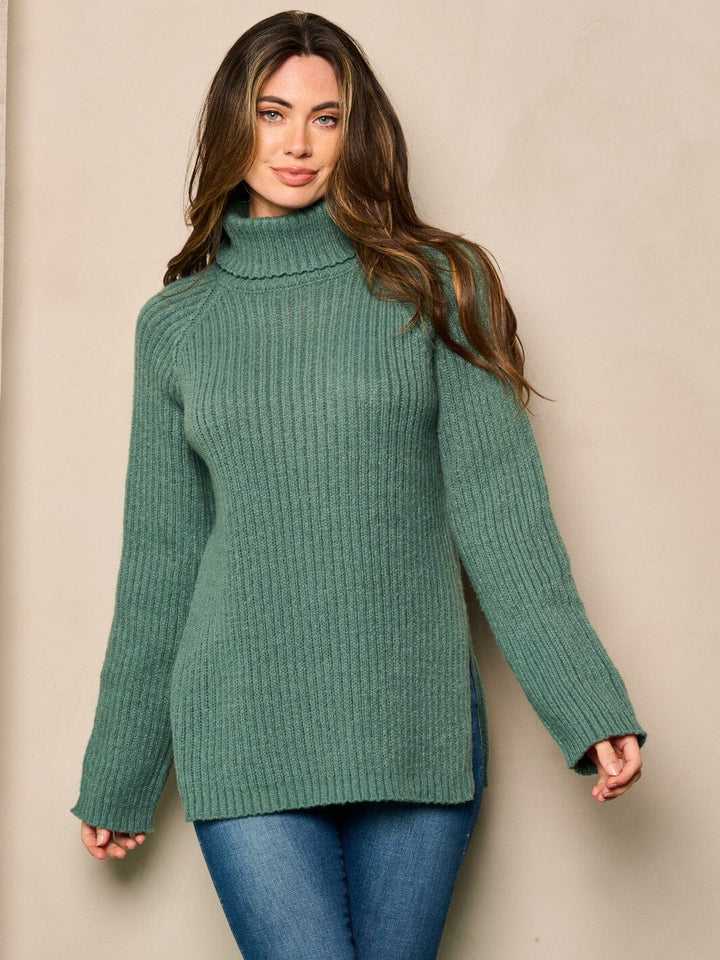 WOMEN'S LONG SLEEVE TURTLE NECK SIDE SLIT PULLOVER SWEATER