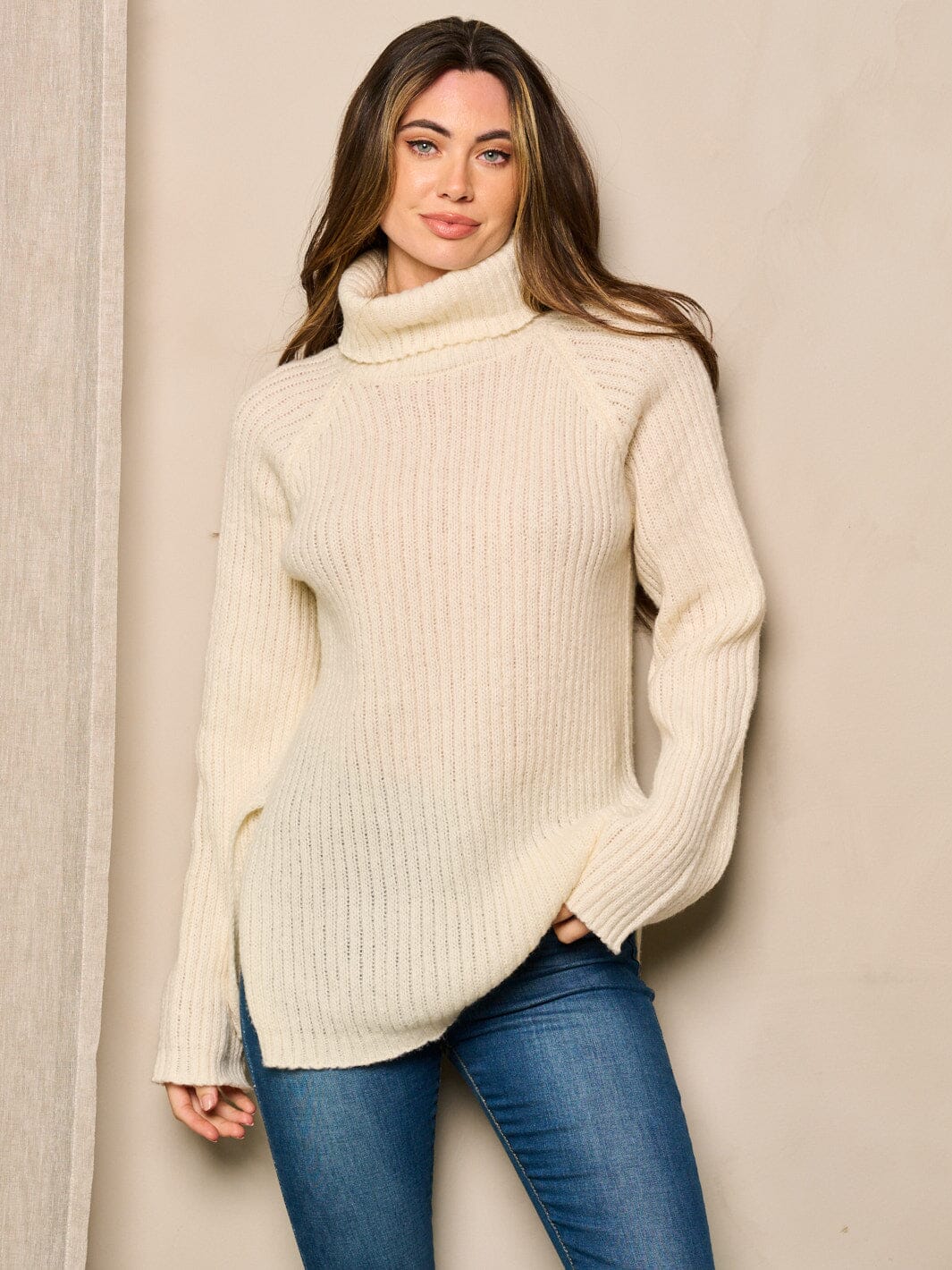 WOMEN'S LONG SLEEVE TURTLE NECK SIDE SLIT PULLOVER SWEATER