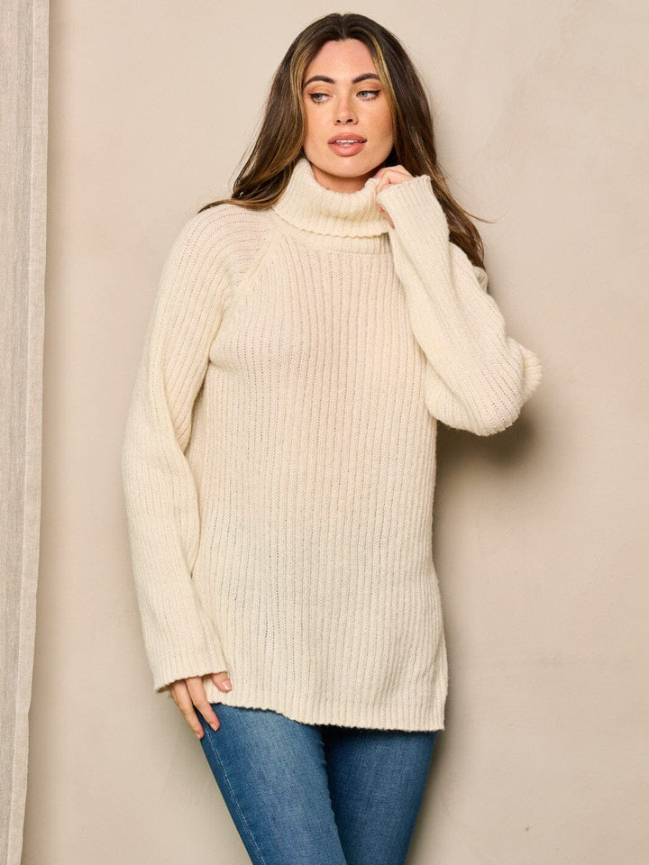 WOMEN'S LONG SLEEVE TURTLE NECK SIDE SLIT PULLOVER SWEATER