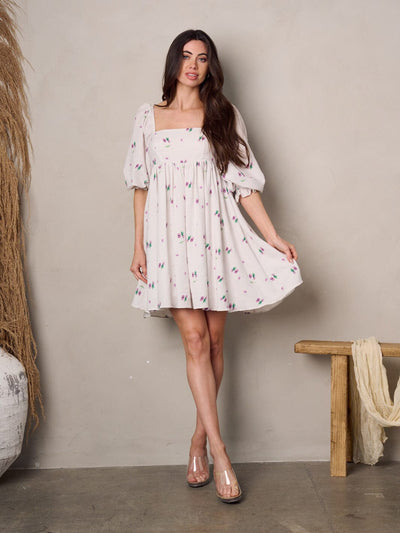 WOMEN'S 3/4 SLEEVE SQUARE NECK BABYDOLL PRINTED MINI DRESS