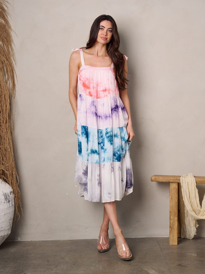 WOMEN'S SLEEVELESS TIERED TIE DYE MIDI DRESS