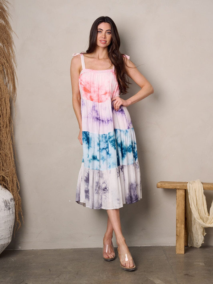 WOMEN'S SLEEVELESS TIERED TIE DYE MIDI DRESS