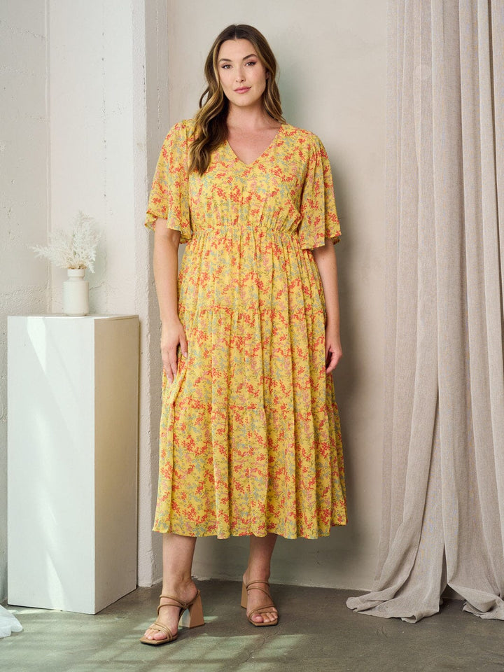 PLUS SIZE SHORT SLEEVE V-NECK FLORAL MAXI DRESS