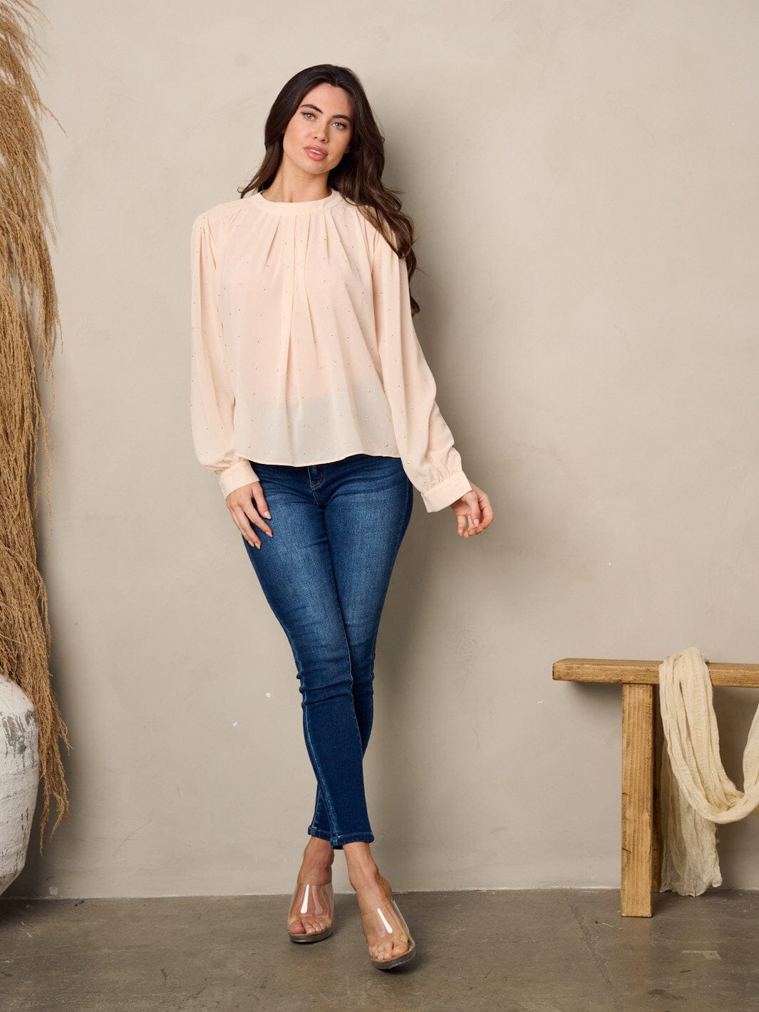 WOMEN'S LONG SLEEVE BACK TIE STUDS DETAILED BLOUSE TOP