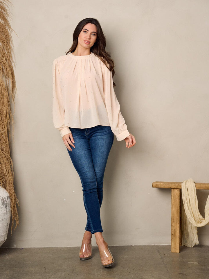 WOMEN'S LONG SLEEVE BACK TIE STUDS DETAILED BLOUSE TOP