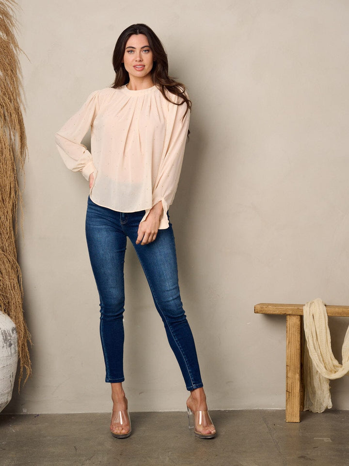 WOMEN'S LONG SLEEVE BACK TIE STUDS DETAILED BLOUSE TOP