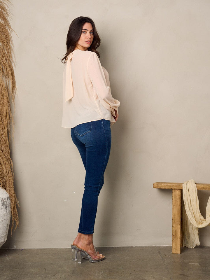 WOMEN'S LONG SLEEVE BACK TIE STUDS DETAILED BLOUSE TOP