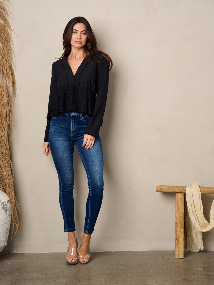 WOMEN'S LONG SLEEVE V-NECK LACE PEPLUM TOP