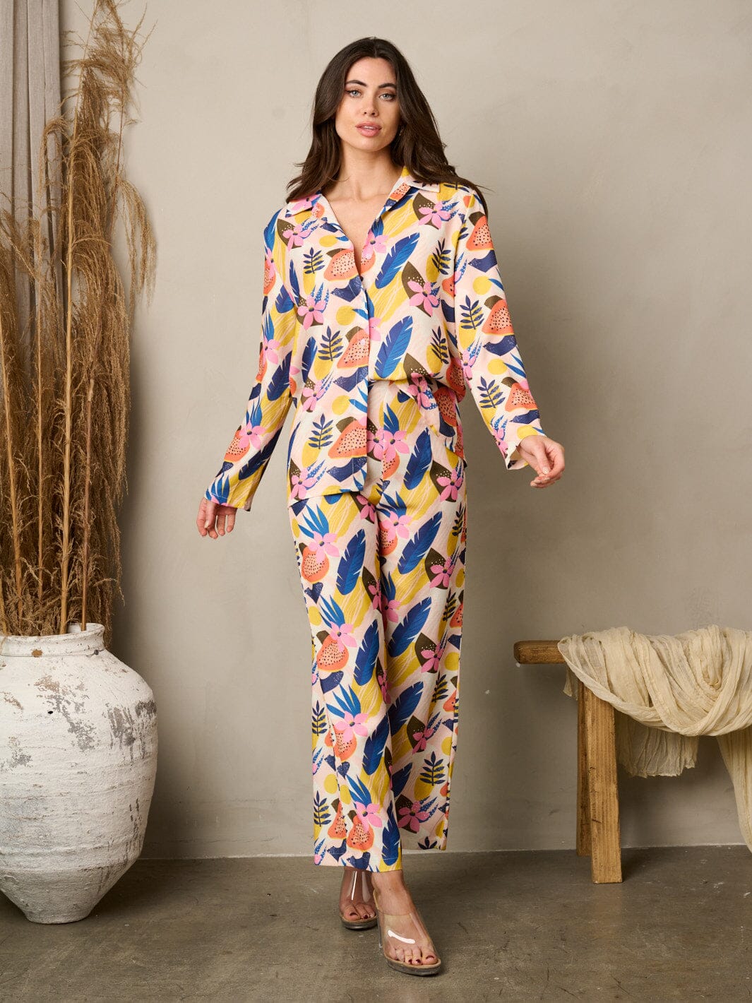 WOMEN'S LONG SLEEVE BUTTON UP TOP & PANTS FLORAL SET
