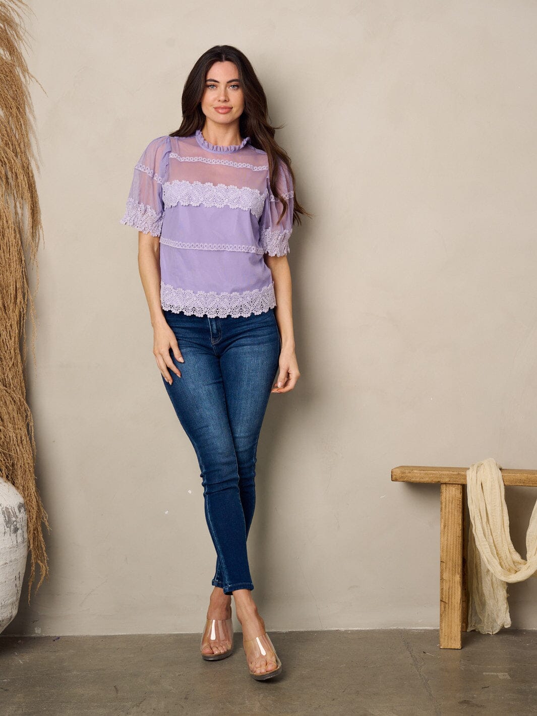 WOMEN'S SHORT SLEEVE LACE MOCK NECK TOP