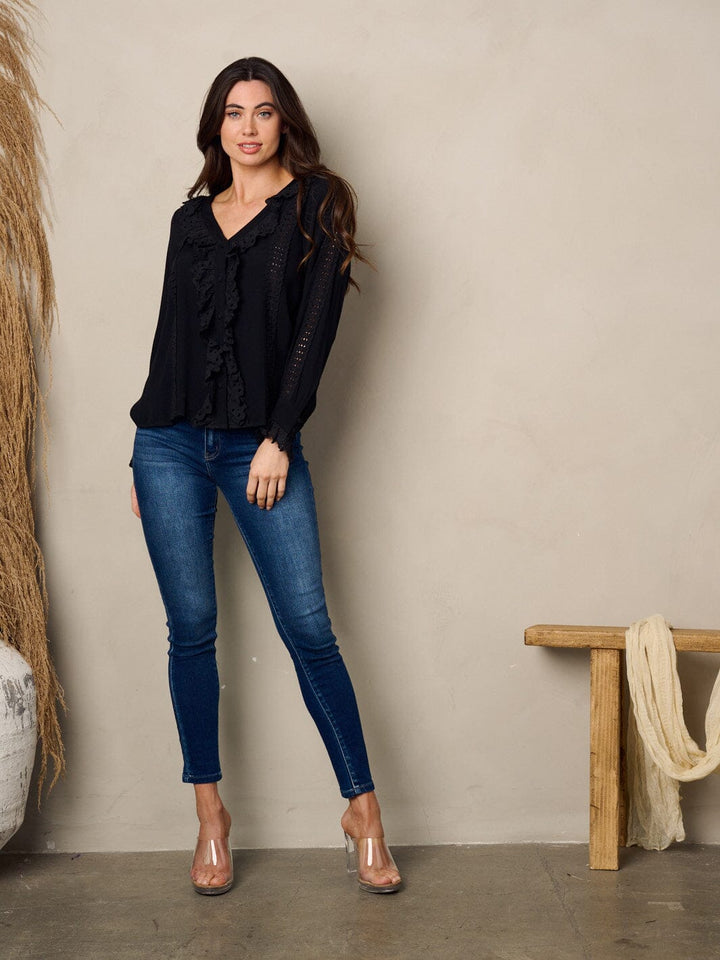 WOMEN'S LONG SLEEVE V-NECK LACE PEPLUM TOP