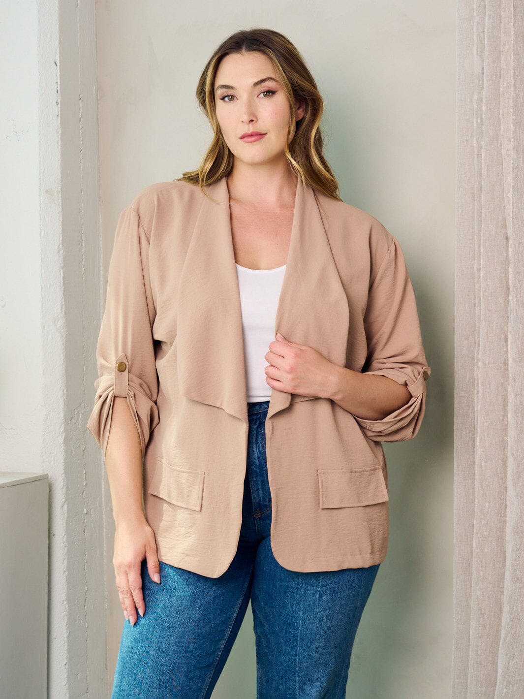 PLUS SIZE 3/4 SLEEVES OPEN FRONT BLAZER