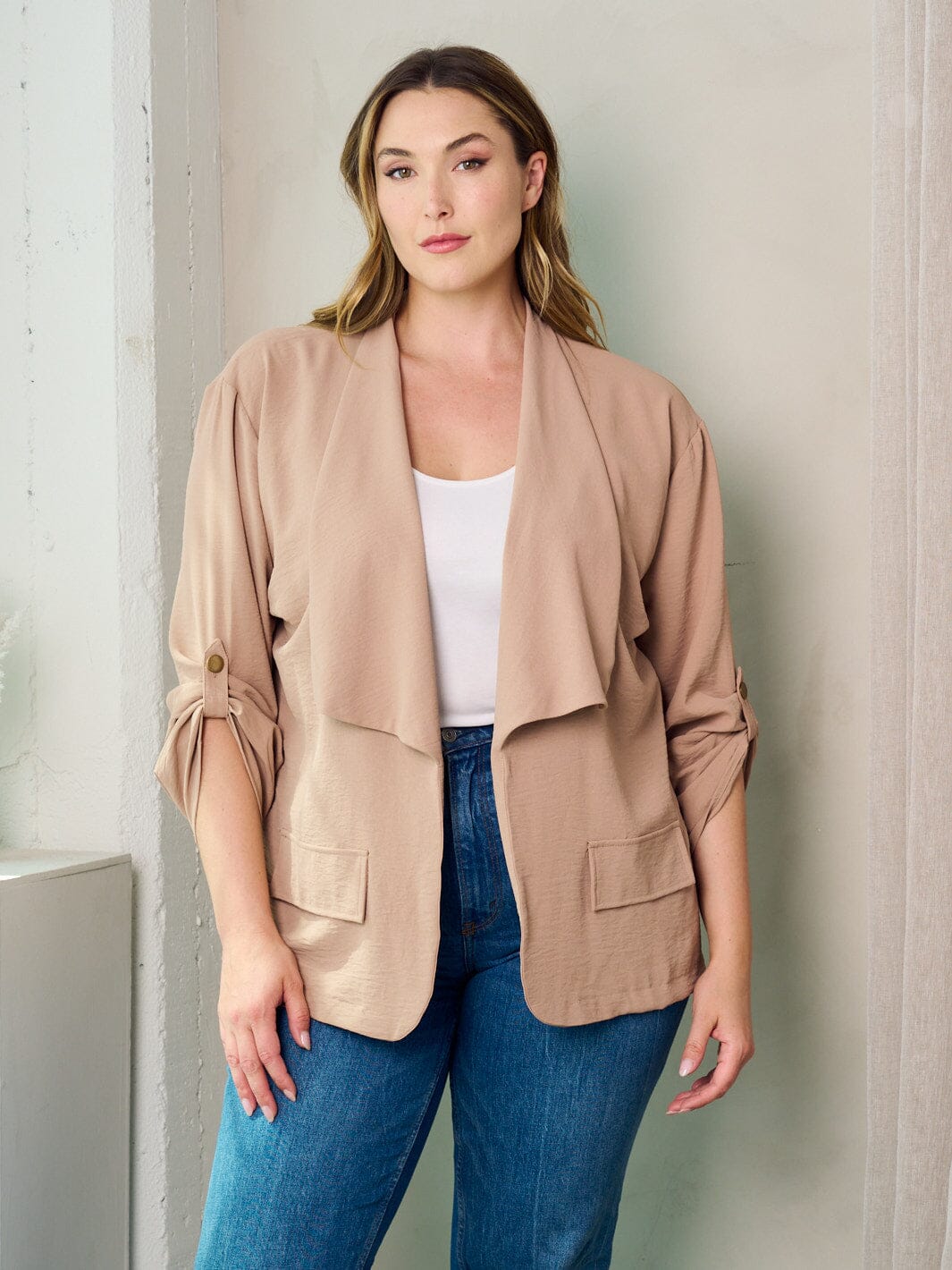 PLUS SIZE 3/4 SLEEVES OPEN FRONT BLAZER