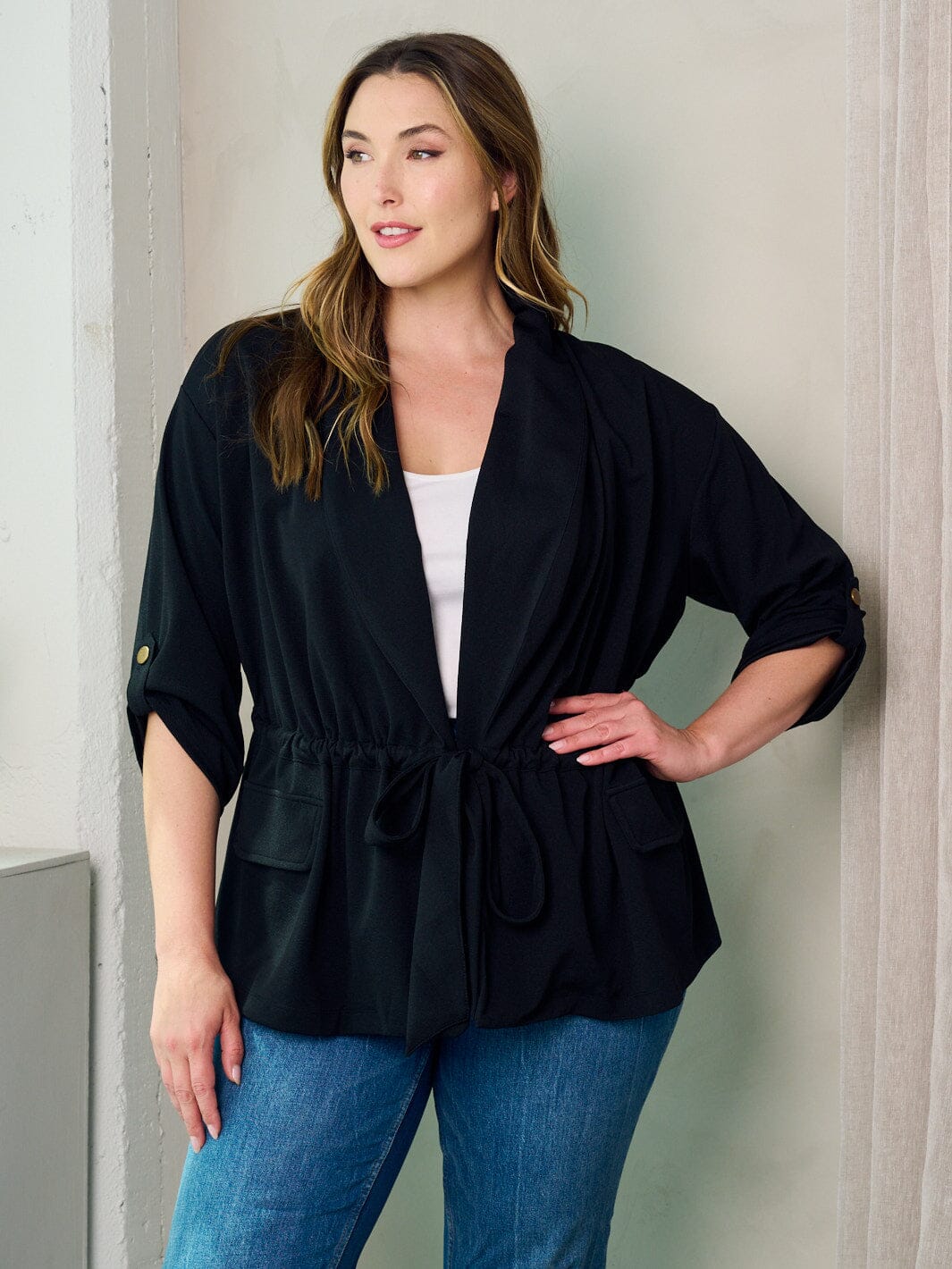 PLUS SIZE 3/4 SLEEVES ELASTIC WAIST BLAZER