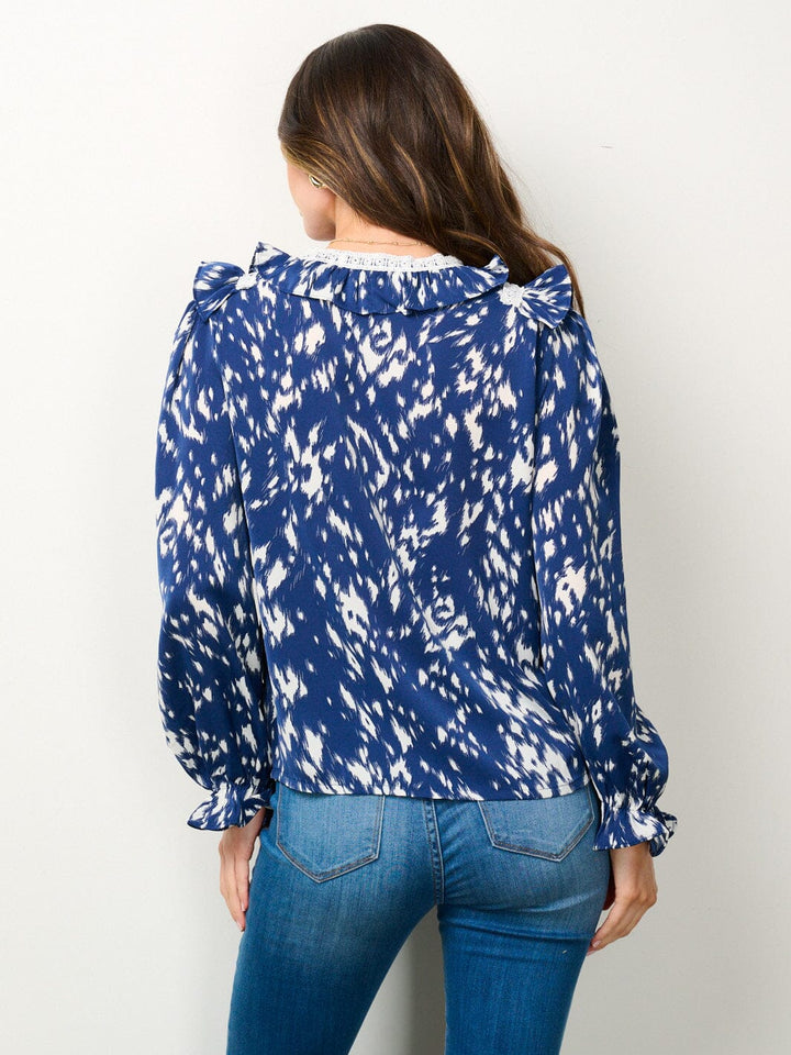 WOMEN'S LONG SLEEVE V-NECK RUFFLE PRINTED BLOUSE TOP