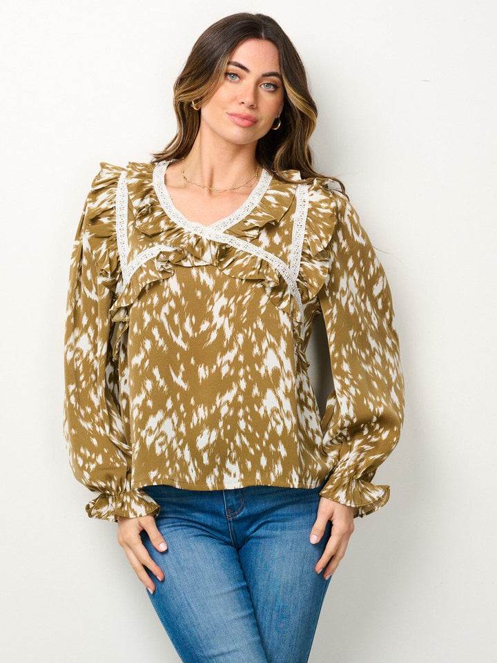 WOMEN'S LONG SLEEVE V-NECK RUFFLE PRINTED BLOUSE TOP