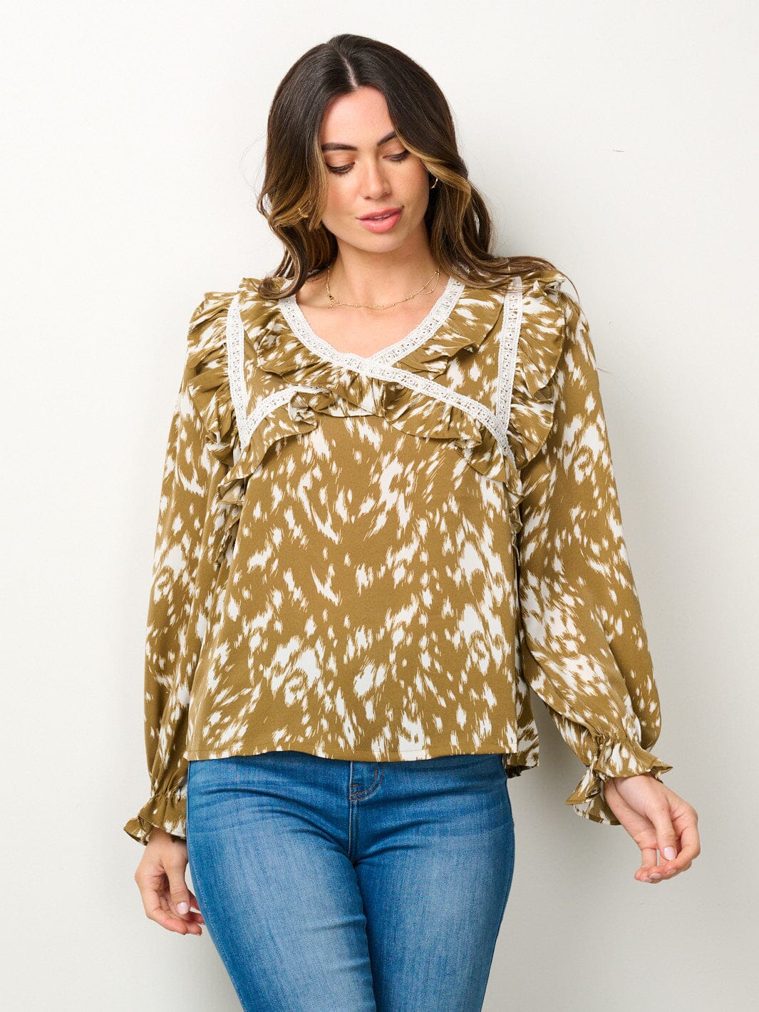 WOMEN'S LONG SLEEVE V-NECK RUFFLE PRINTED BLOUSE TOP
