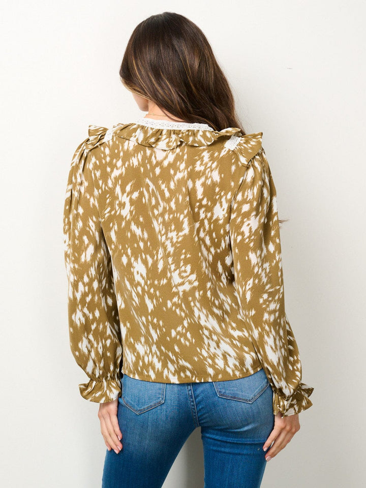 WOMEN'S LONG SLEEVE V-NECK RUFFLE PRINTED BLOUSE TOP
