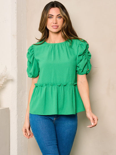 WOMEN'S SHORT PUFF SLEEVE PEPLUM BLOUSE TOP