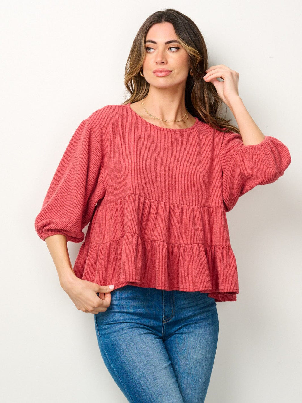 WOMEN'S 3/4 PUFF SLEEVES TUNIC TIRED TOP