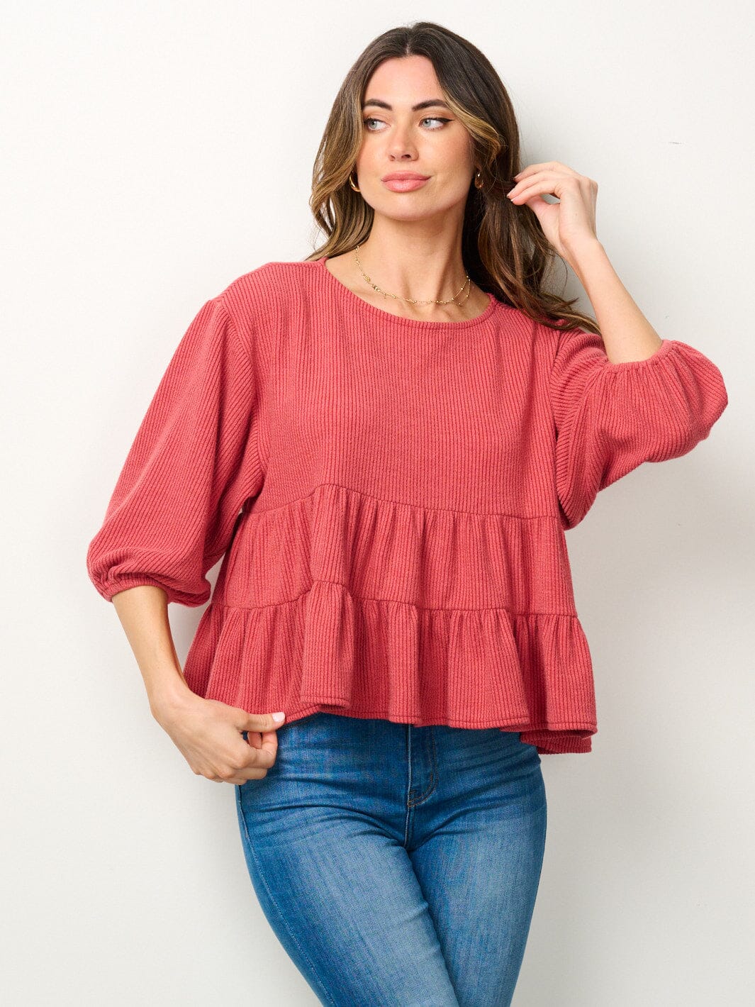 WOMEN'S 3/4 PUFF SLEEVES TUNIC TIRED TOP