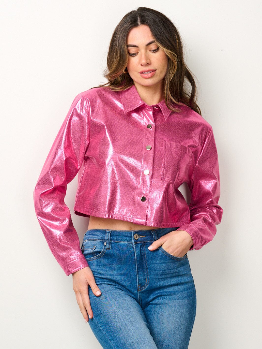 WOMEN'S LONG SLEEVE BUTTON UP METALLIC TOP