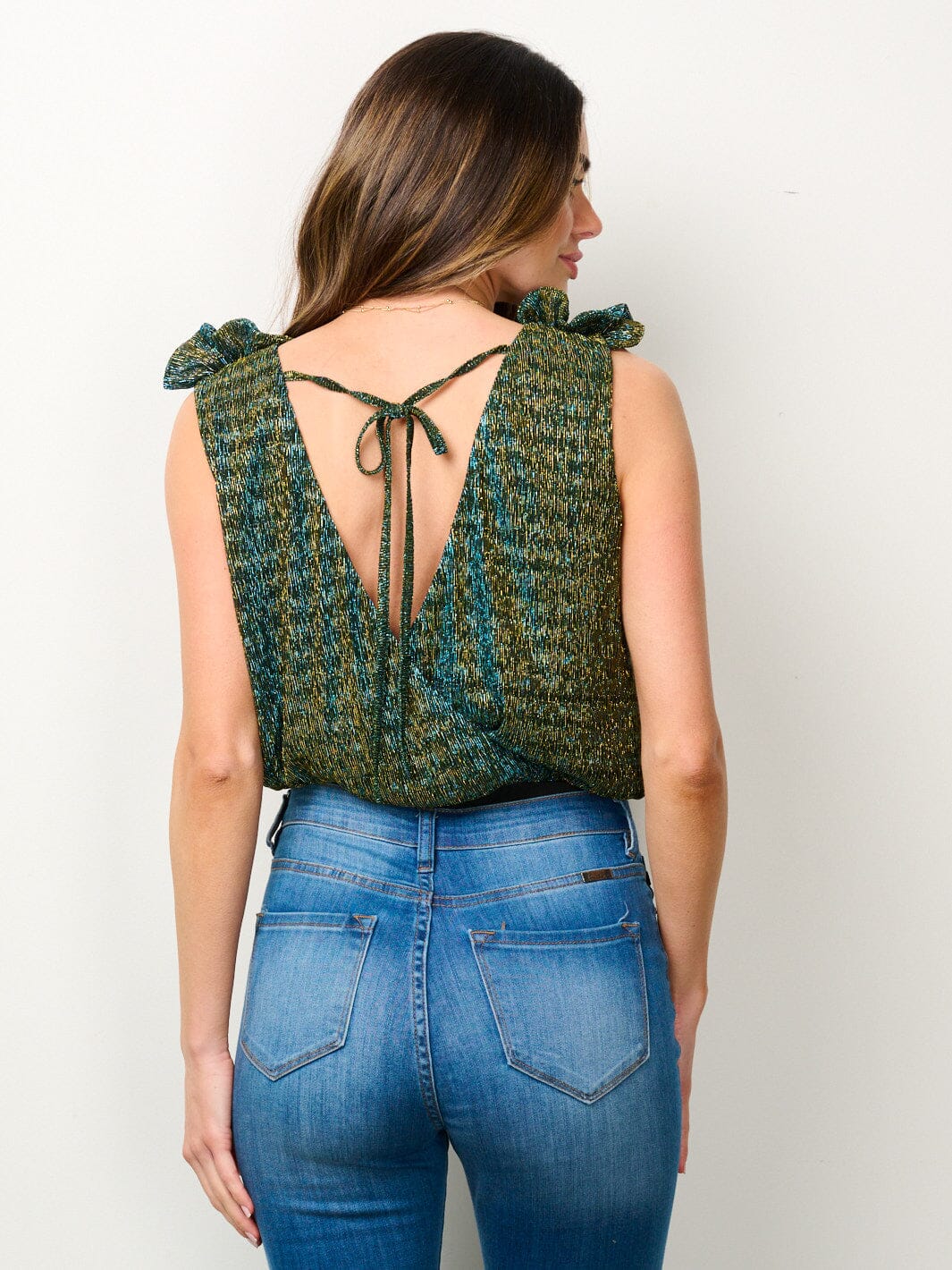 WOMEN'S SLEEVELESS SURPLICE SHIMMER BODYSUIT