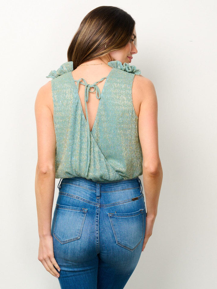 WOMEN'S SLEEVELESS SURPLICE SHIMMER BODYSUIT