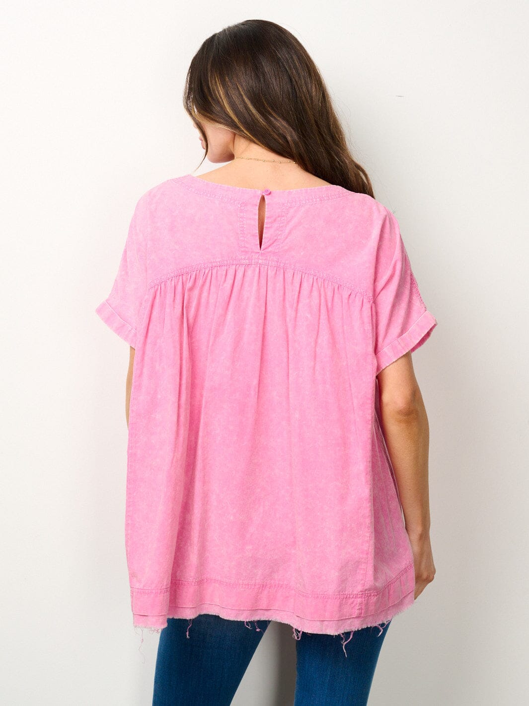 WOMEN'S SHORT SLEEVES RAW EDGE TUNIC WASHED TOP